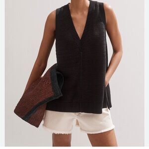 ME+EM Black V-Neck Swing Sweater Vest Cotton Open Stitch, Size Medium